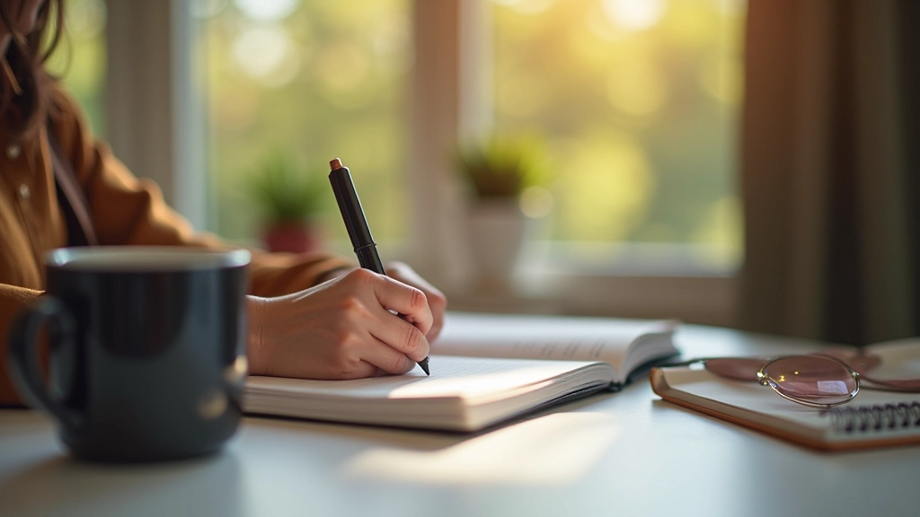 Person writing in journal at wooden desk with coffee cup and morning light